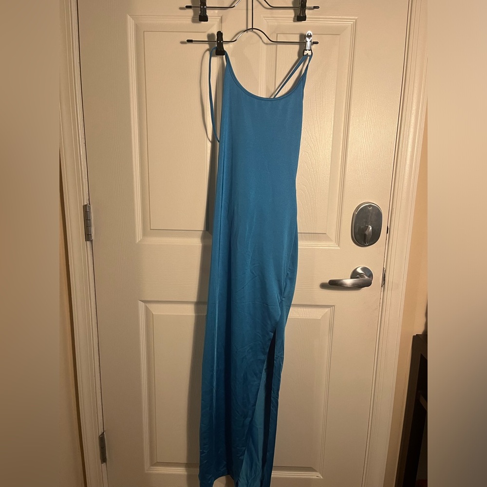 Blue Leg Slit Silk Dress